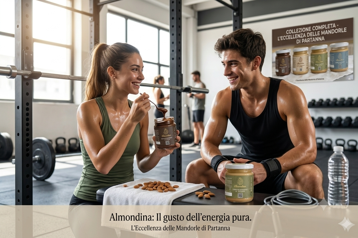Due persone in palestra sorridenti, con barattoli di mandorle su un tavolo, sfondo attrezzi e poster.