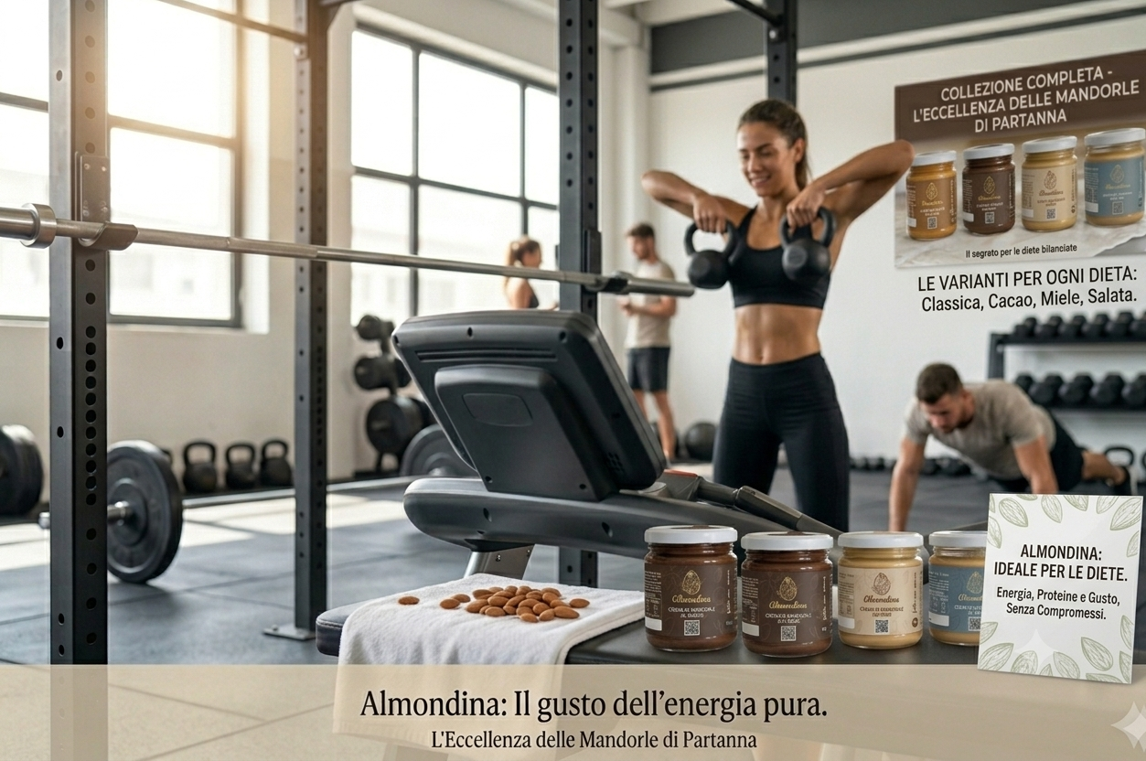 Allenamento in palestra: donna con kettlebell, tapis roulant e barattoli di mandorle in primo piano.