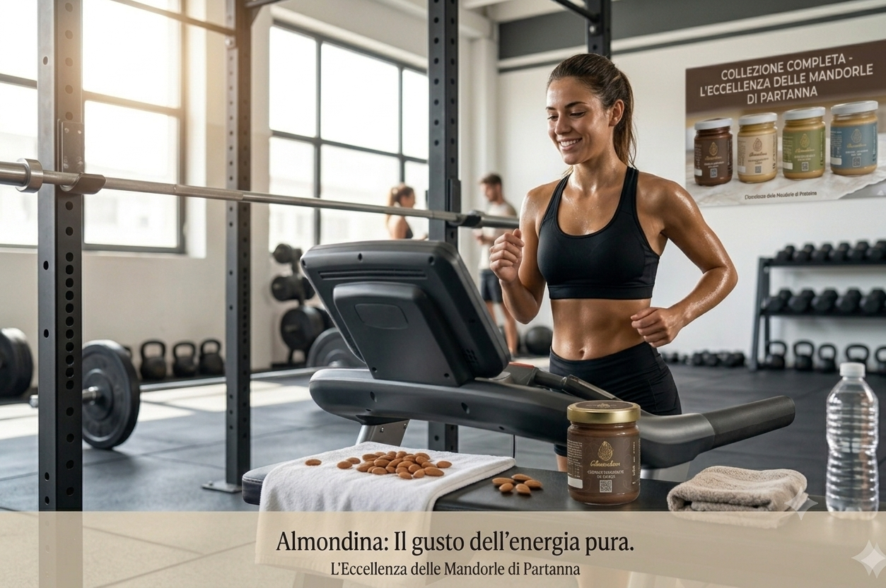 Donna in palestra corre su tapis roulant, con barattolo di mandorle e scritta promozionale sullo sfondo.